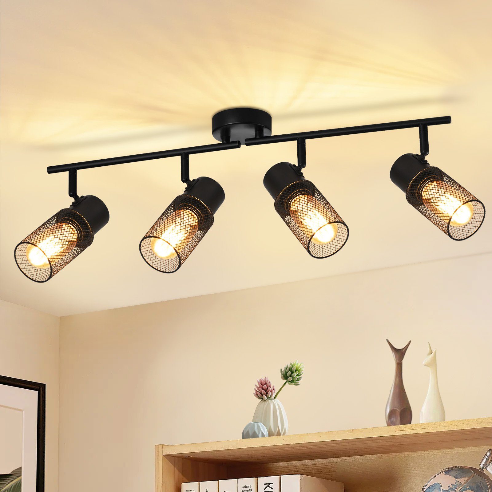 NETTLIFE 4 vintage sorte metal E27 loftspotlights, 330° justerbare til stue, soveværelse, børnekøkken uden pære