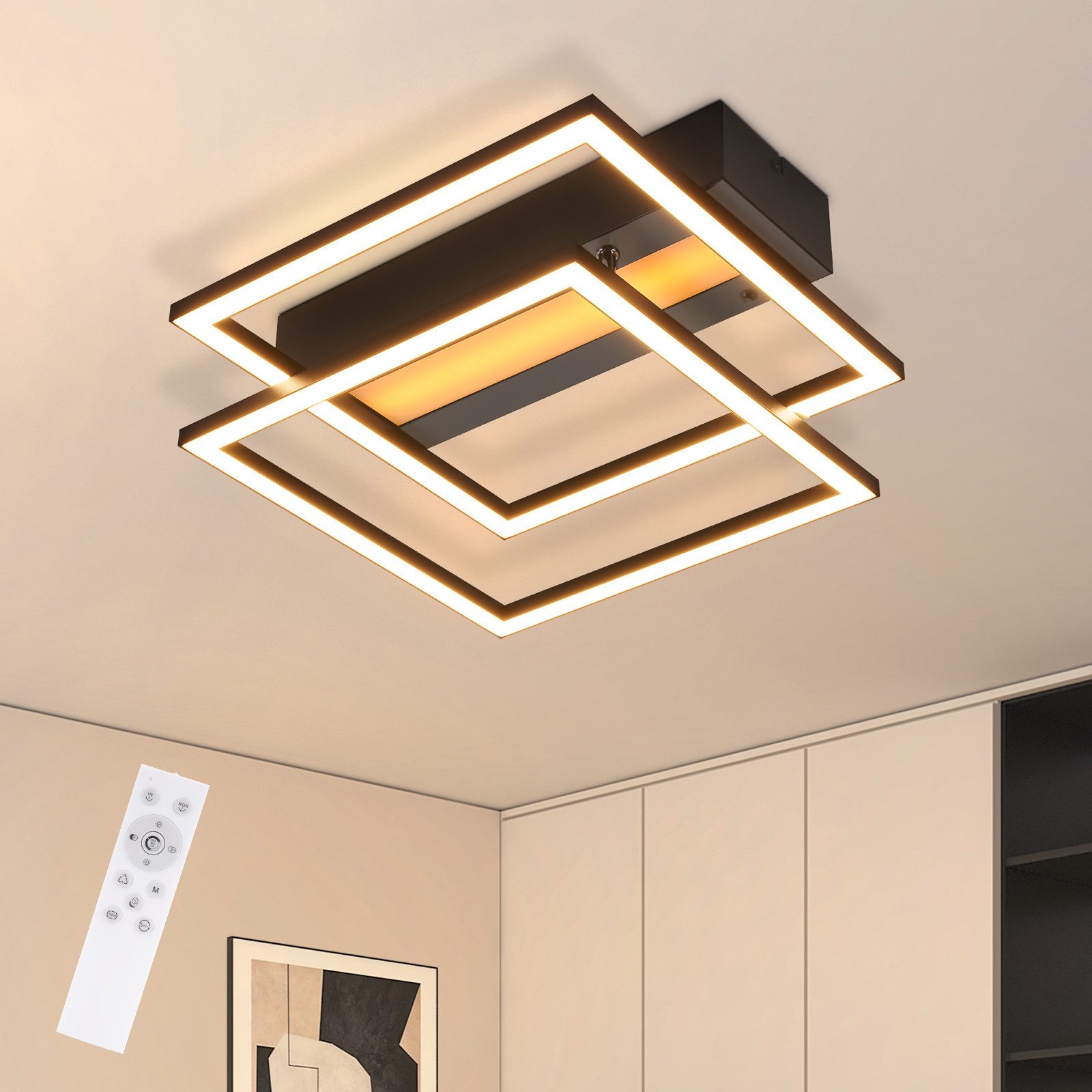 NETTLIFE LED - loftlampe til stuen, 2 rammer, sort, moderne, firkantet, dæmpbar, ideel til gangen