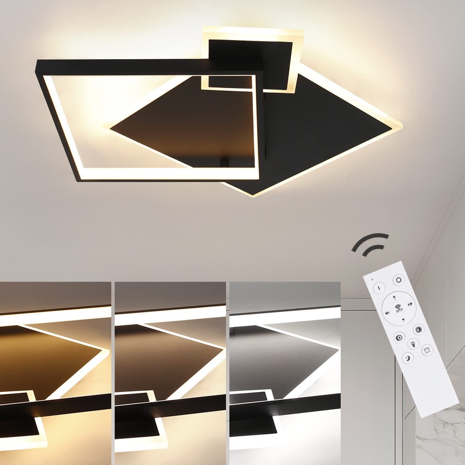 NETTLIFE LED loftlampe, sort dæmpbar, 50 W, moderne design, stuelampe med fjernbetjening, metal, til spisestue, køkken