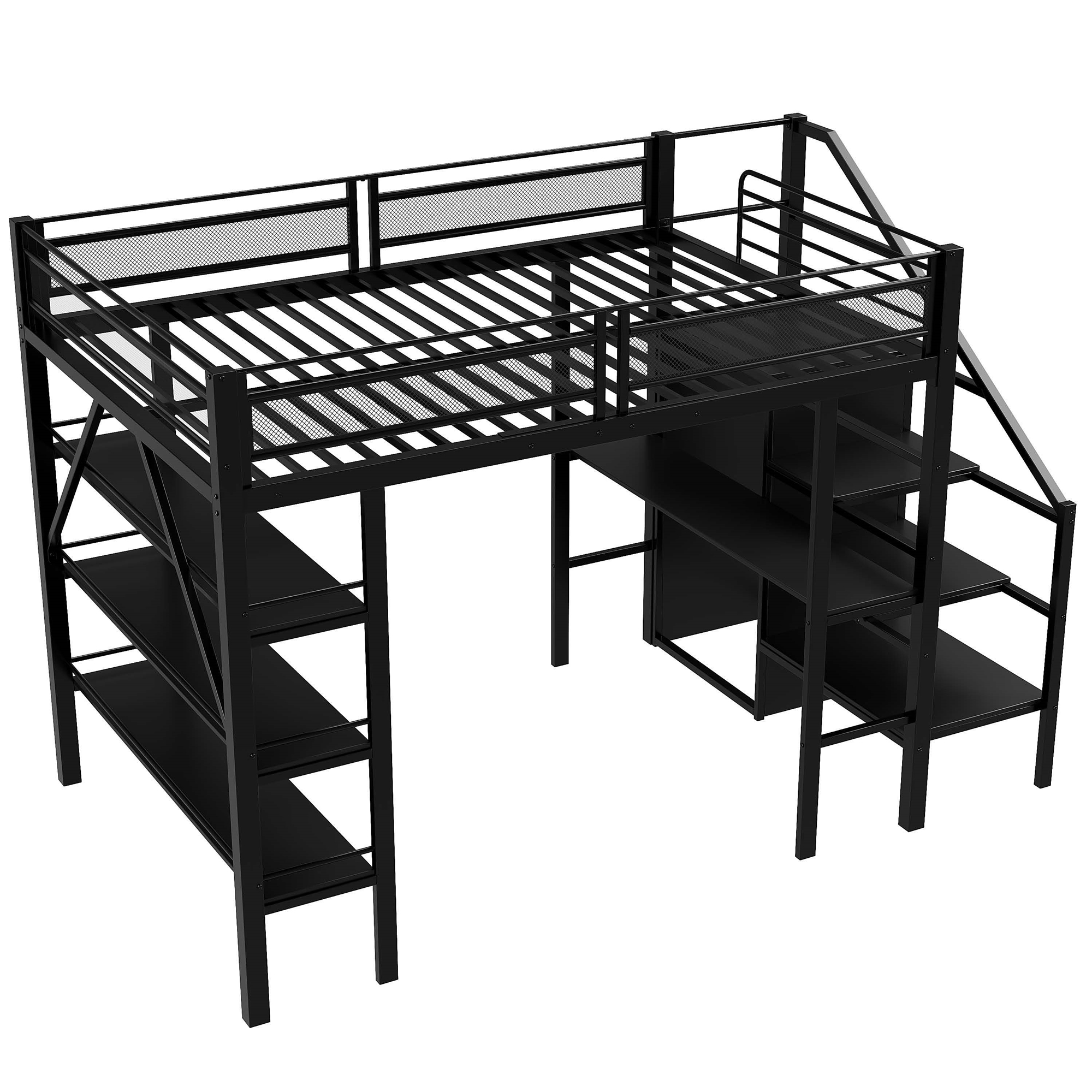 Højseng 140x200cm, tre-etages opbevaringshylde, skrivebord, garderobe med trappe, opbevaringsrum, hegnsdesign, sort
