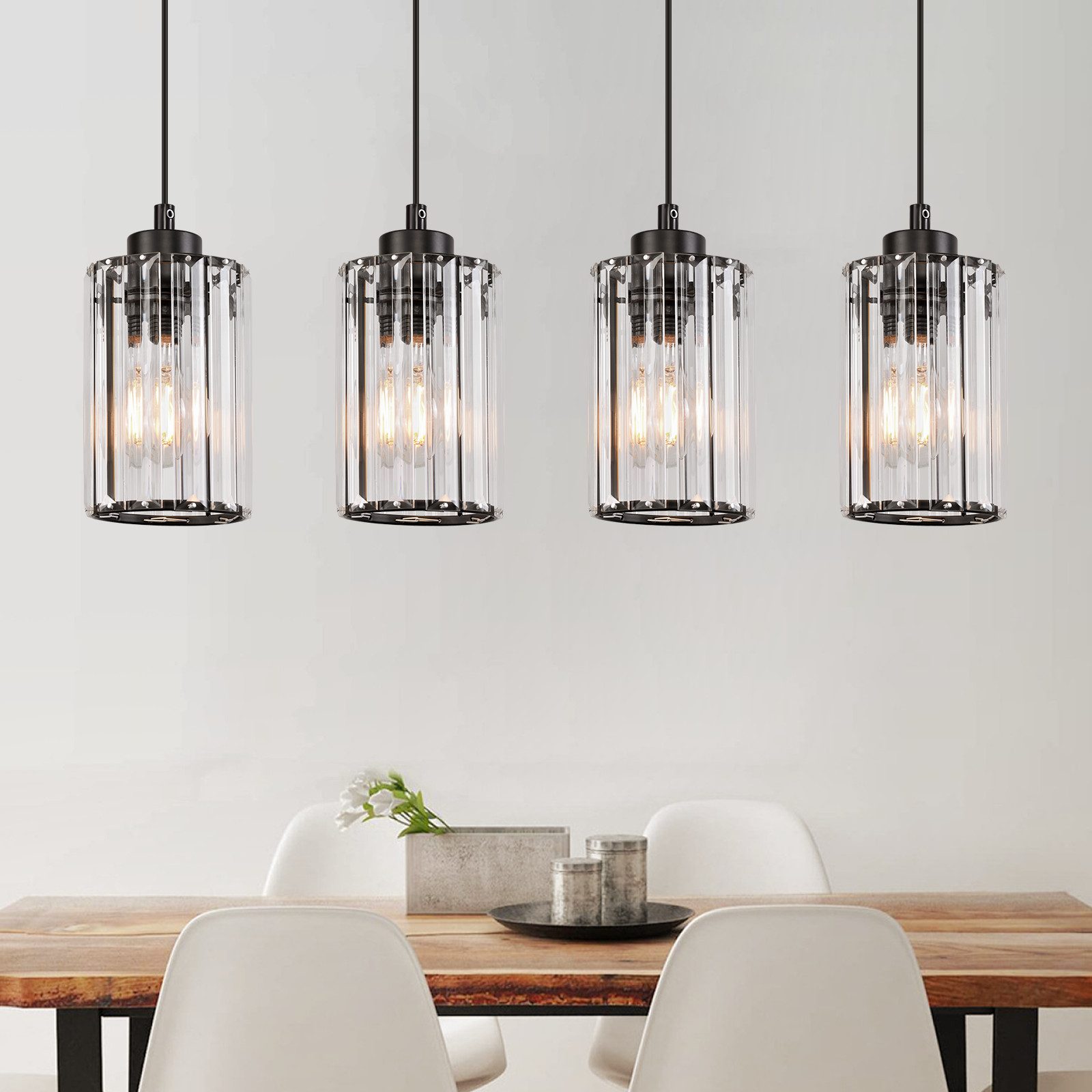 NETTLIFE moderne sort krystal pendellampe til spisebord, 4 flammer, E27