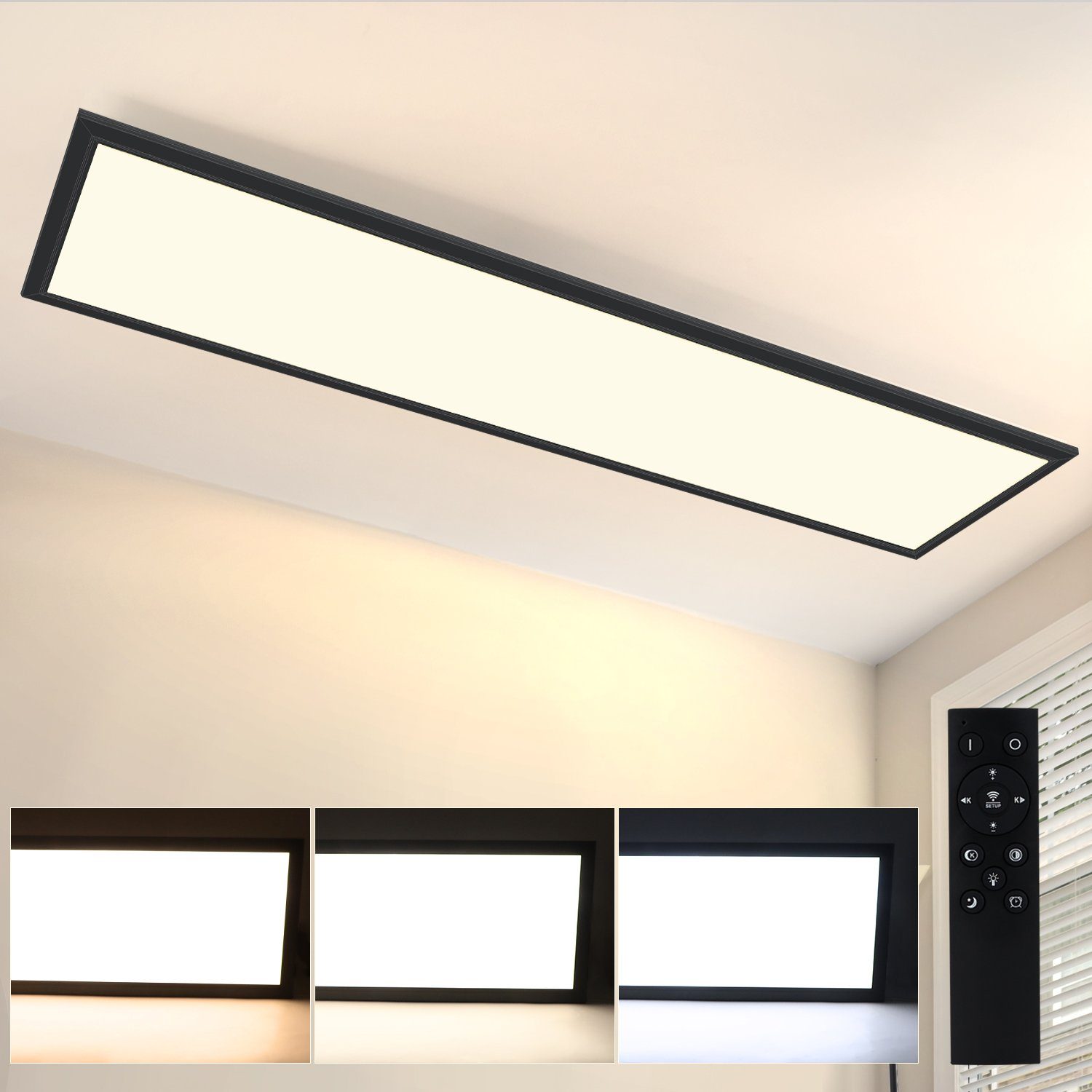 NETTLIFE LED loftlampe, 120x30CM 48W, sort panel, dæmpbar. Med fjernbetjening, til moderne stue, kontor. Til køkken. Til entre.