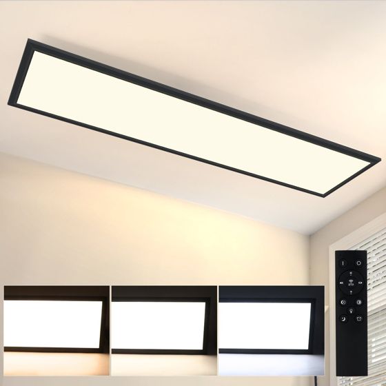NETTLIFE LED loftlampe, 120x30CM 48W, sort panel, dæmpbar. Med fjernbetjening, til moderne stue, kontor. Til køkken. Til entre.