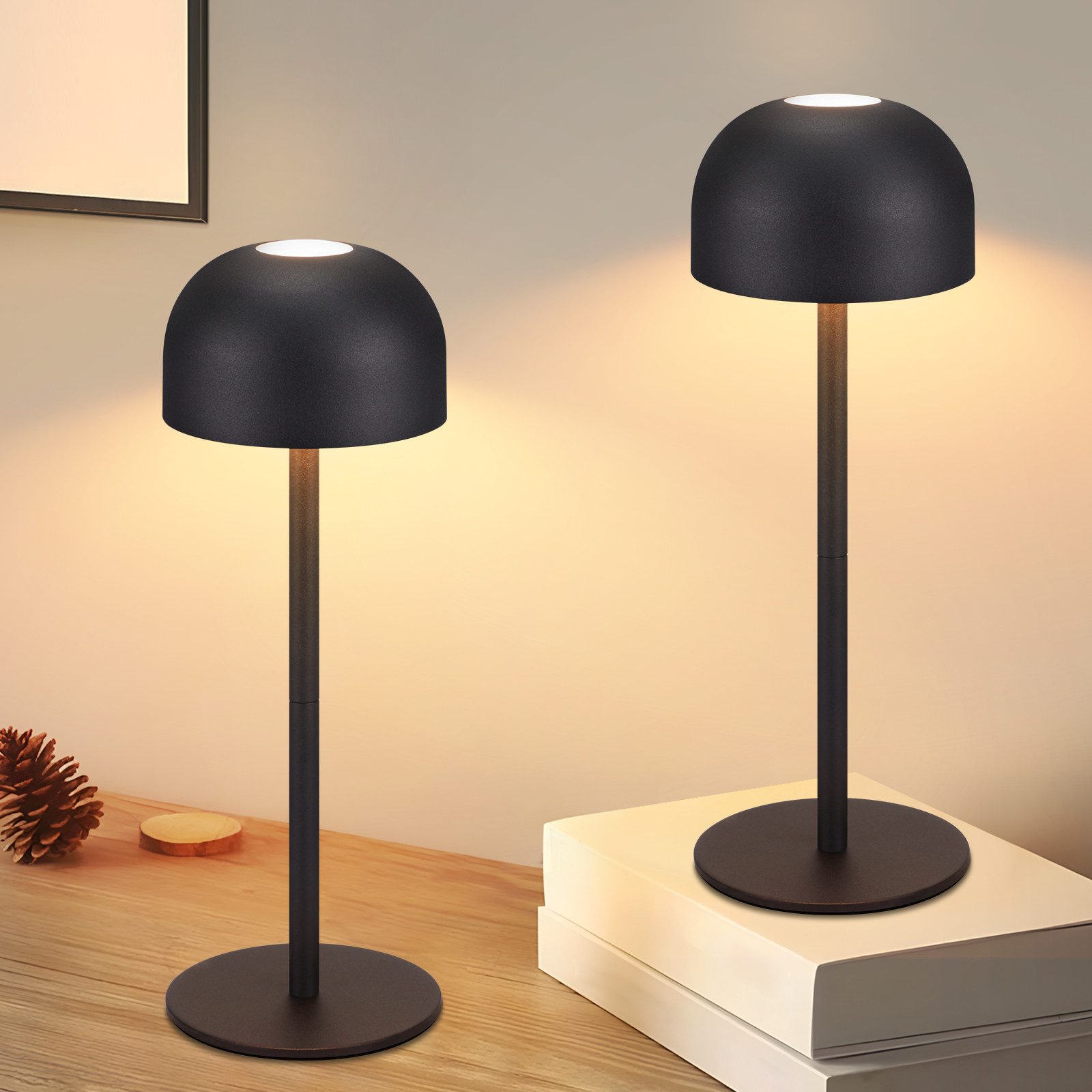 NETTLIFE 2 stk. ledningsfri LED-bordlamper: Dæmpbar touch-bordlampe med 3 farvetemperaturer og USB-port