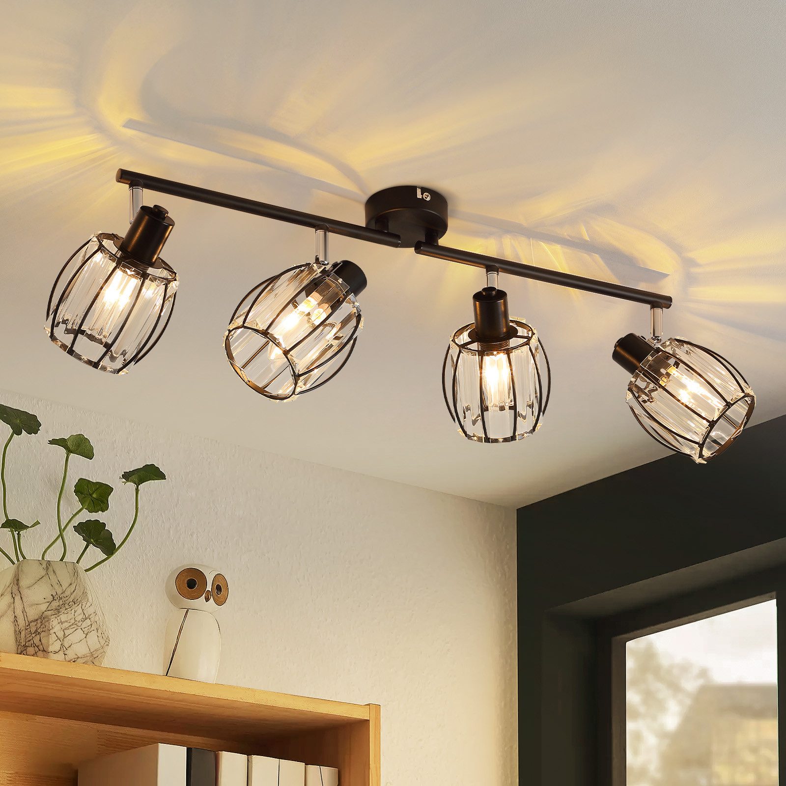 NETTLIFE 4 stk. vintage-stil sorte krystal loftspotlights E14 til entré, 350° drejelig, industriel