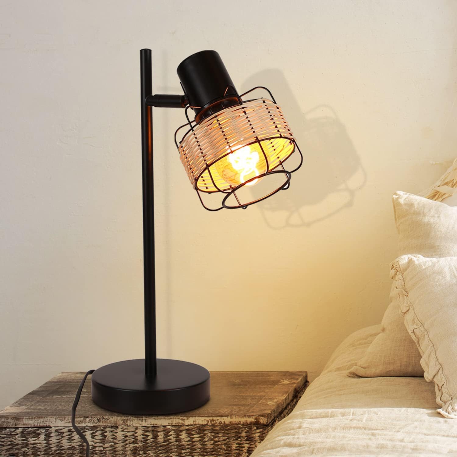 NETTLIFE Bordlampe, vintage, natlampe, retro, stue, sort, rattan, metal, E27