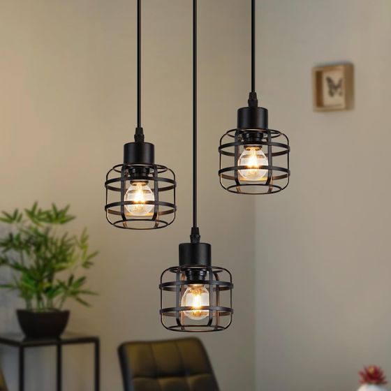NETTLIFE pendellampe sort vintage-stil pendellampe, industriel stil, 3 lyskilder, rund, E14