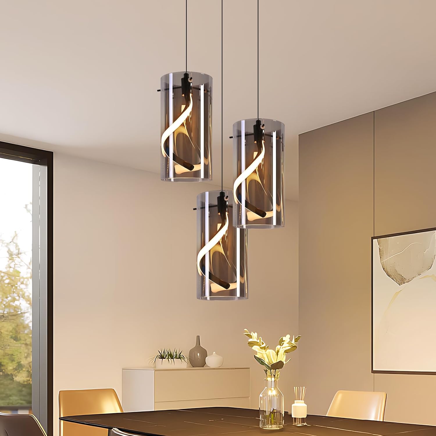 NETTLIFE LED pendellampe røggrå vintage 8W varm 3000K glaspendellampe 3 lyskilder