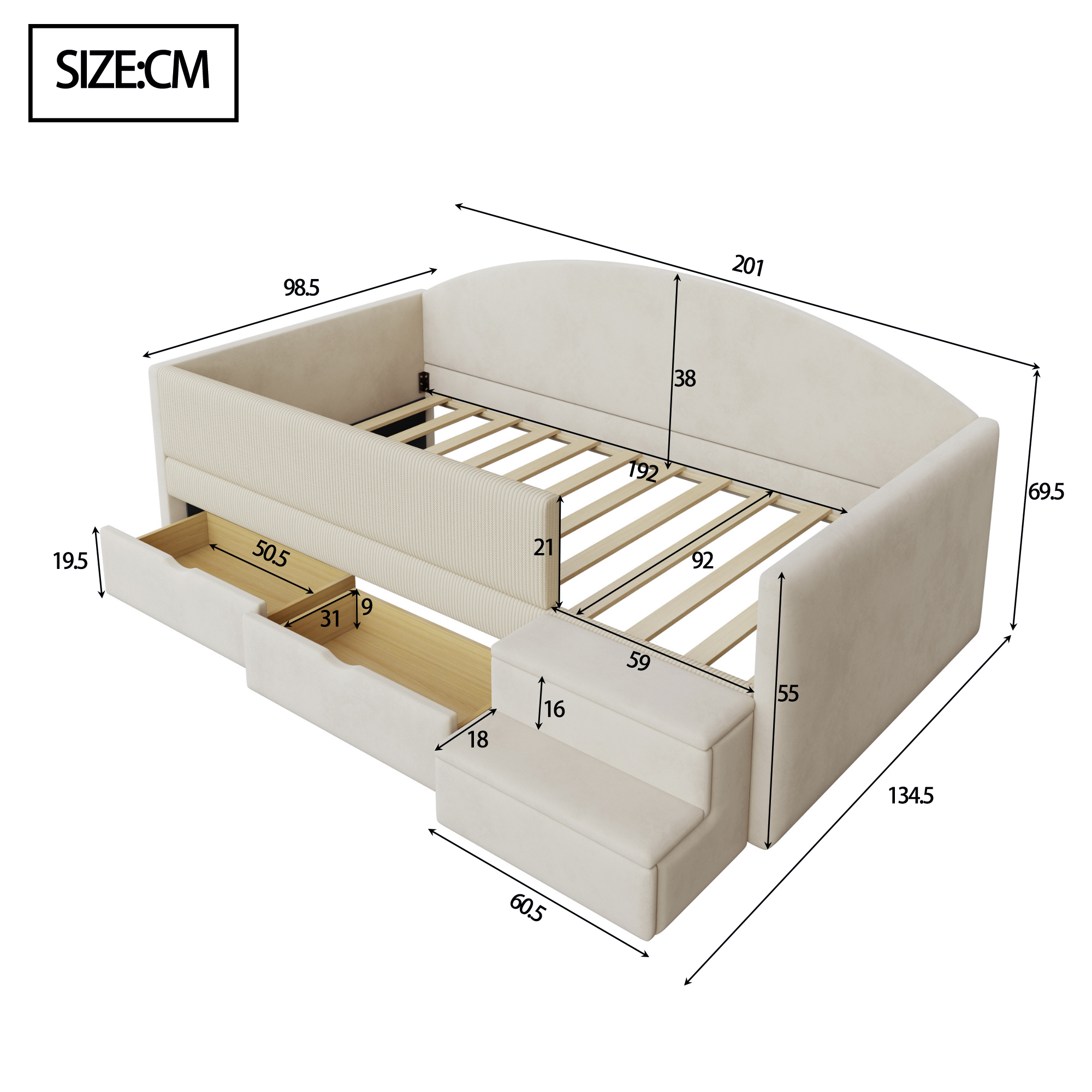 seng 90x190 cm beige upholstered med skuffer og sikkerhedsskinner