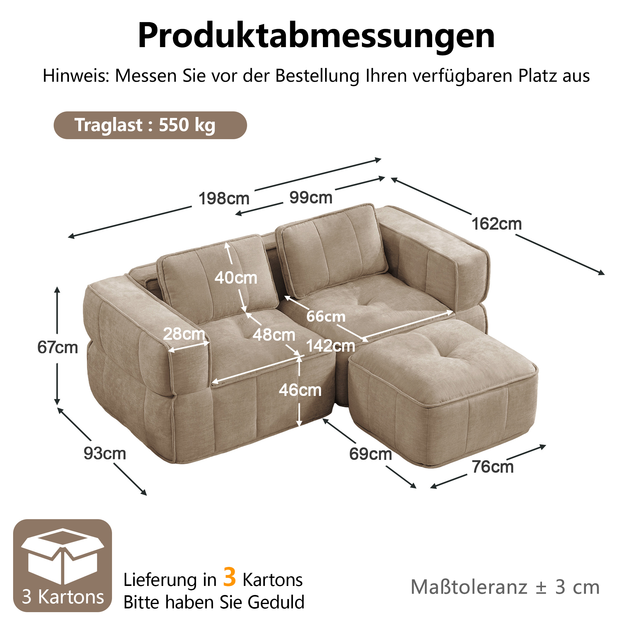 2-personers sofa med skammel, minimalistisk, polyester-sandfarvet