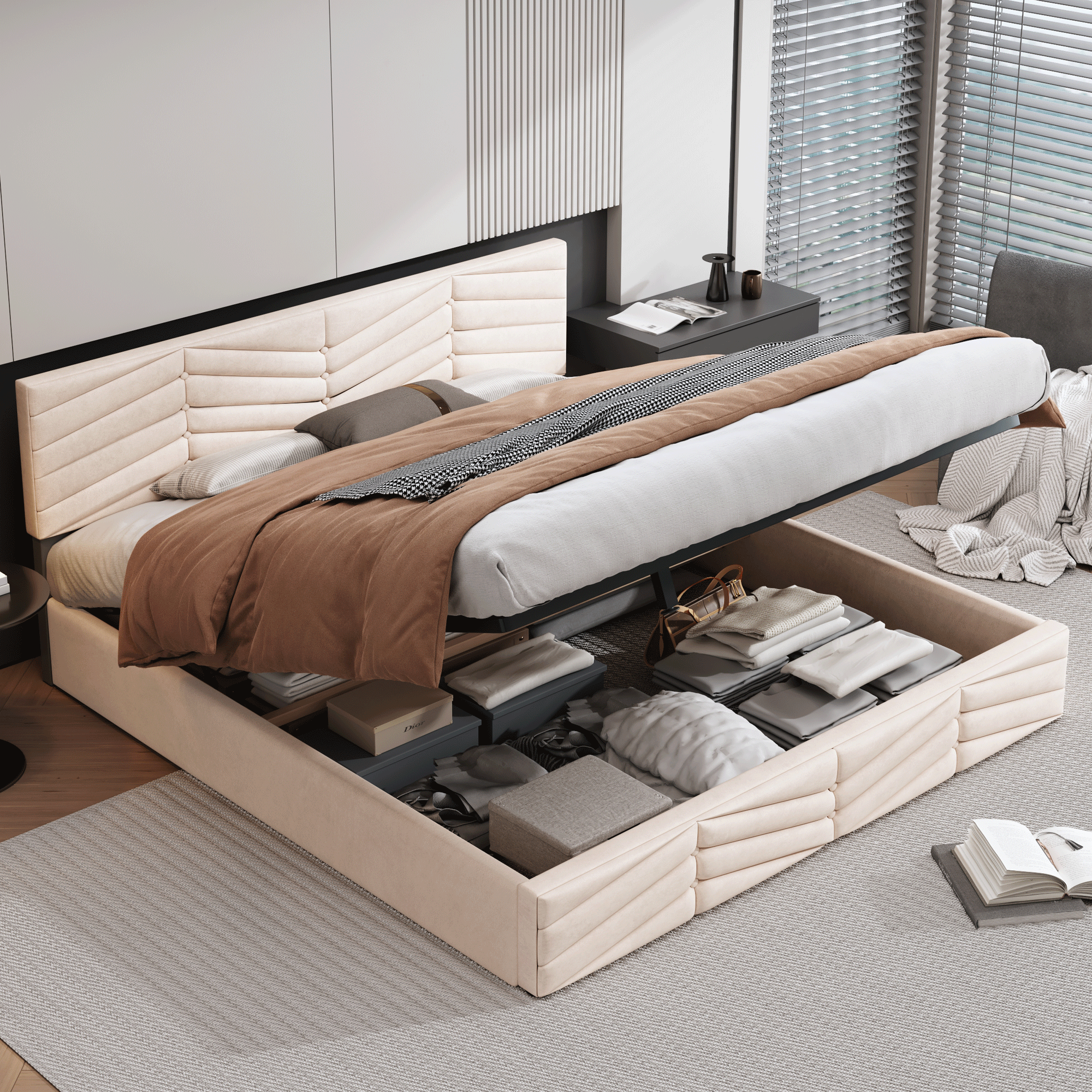 seng 160x200 cm beige fløjl justerbar hoveddel med opbevaringsplads