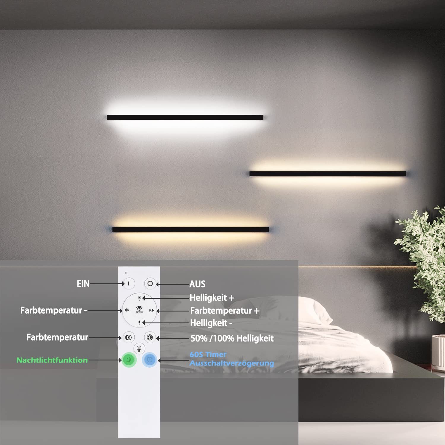 NETTLIFE LED - væglampe til indendørs brug, sort, dæmpbar, 100 cm, moderne, 15 W, entrelampe, væglampe