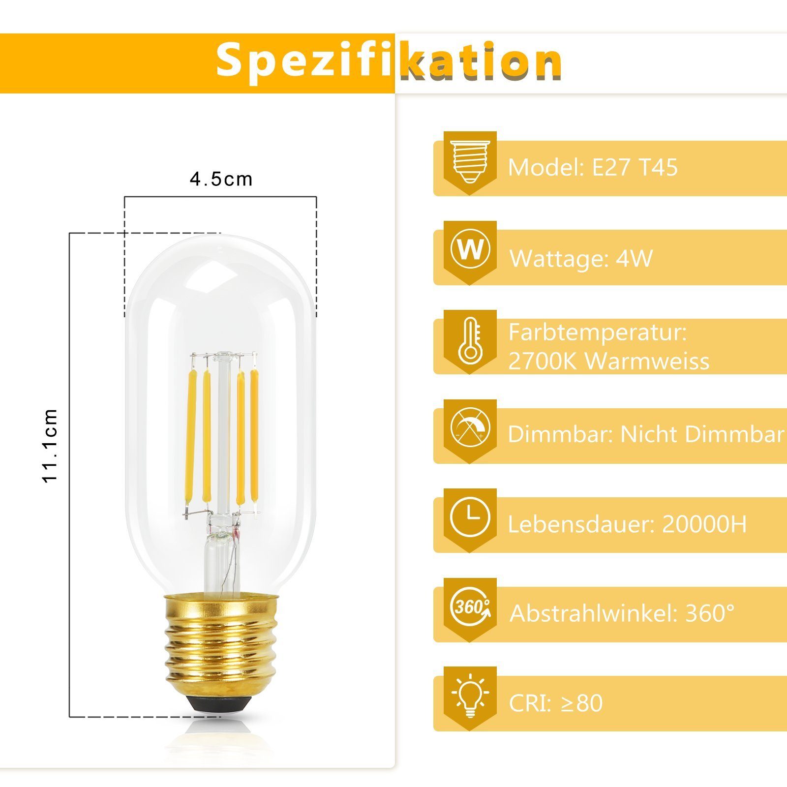 NETTLIFE 4 stk. E27 LED-pærer, varm hvid 2700K, vintage T45 LED-pærer, 4 W, retro Edison-glødetråd, glas, energibesparende
