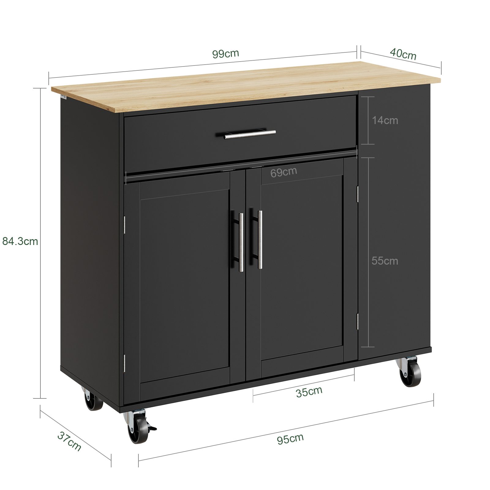 Køkkentrolley med skuffe og døre, sort, 99.0x40.0x84.3 cm, FKW133-SCH