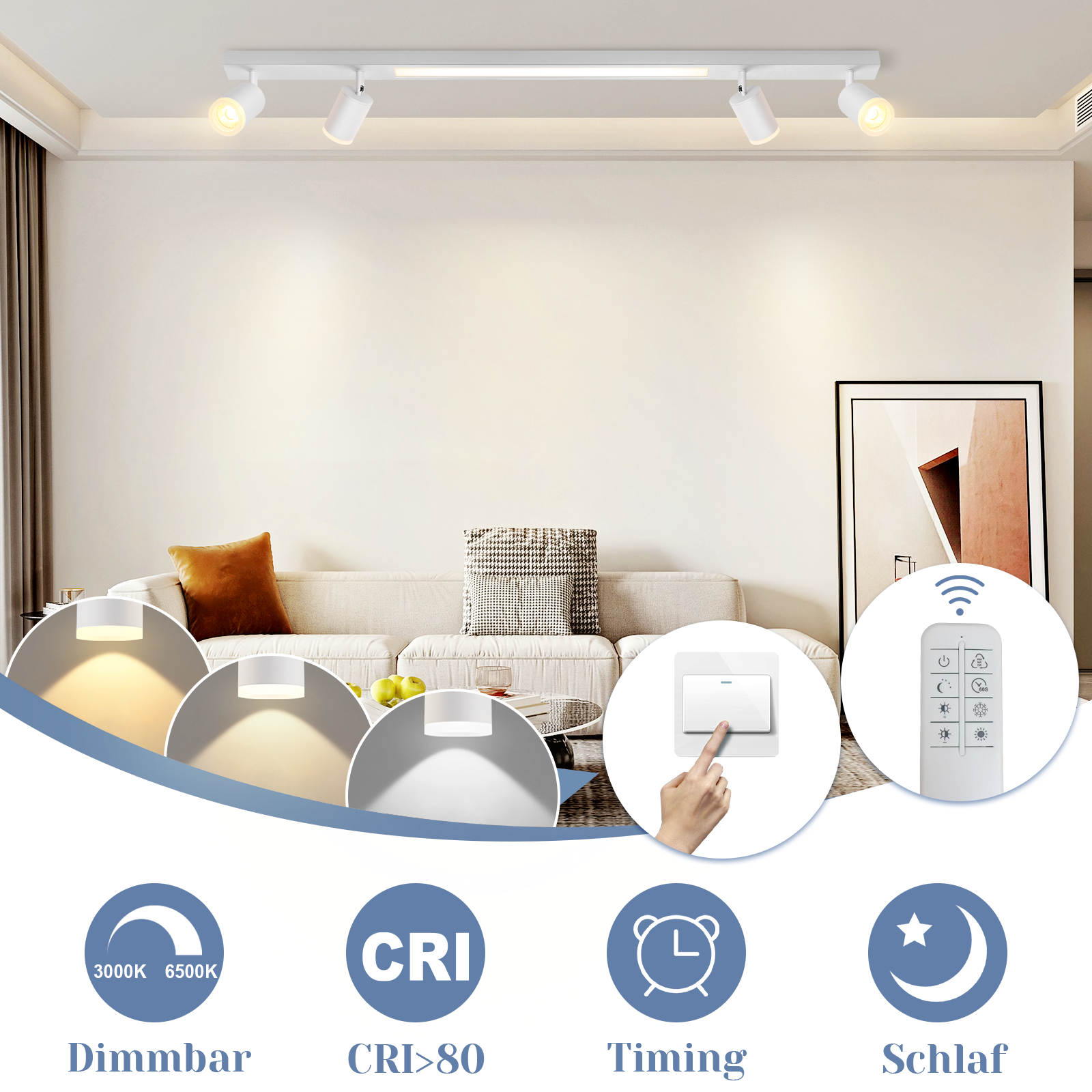 NETTLIFE LED loftlampe med 4 dæmpbare pærer, 38W, hvid, med fjernbetjening, 3000K-6500K, justerbar 350°