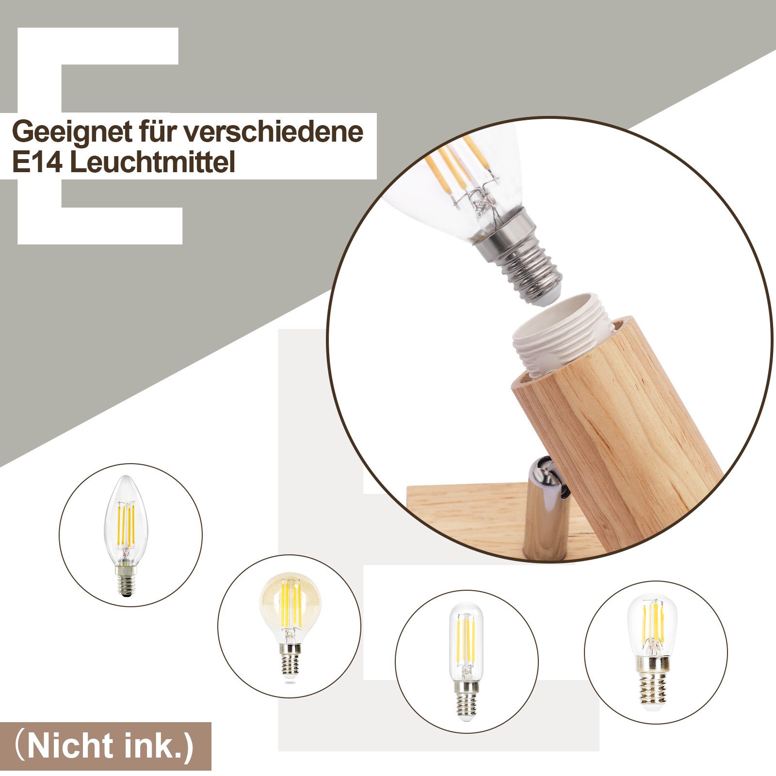 NETTLIFE Loftlampe 2-punkts sort træmønster - loftlampe E14 justerbar 350° 4 pærer maks. 25 W moderne til stue, soveværelse
