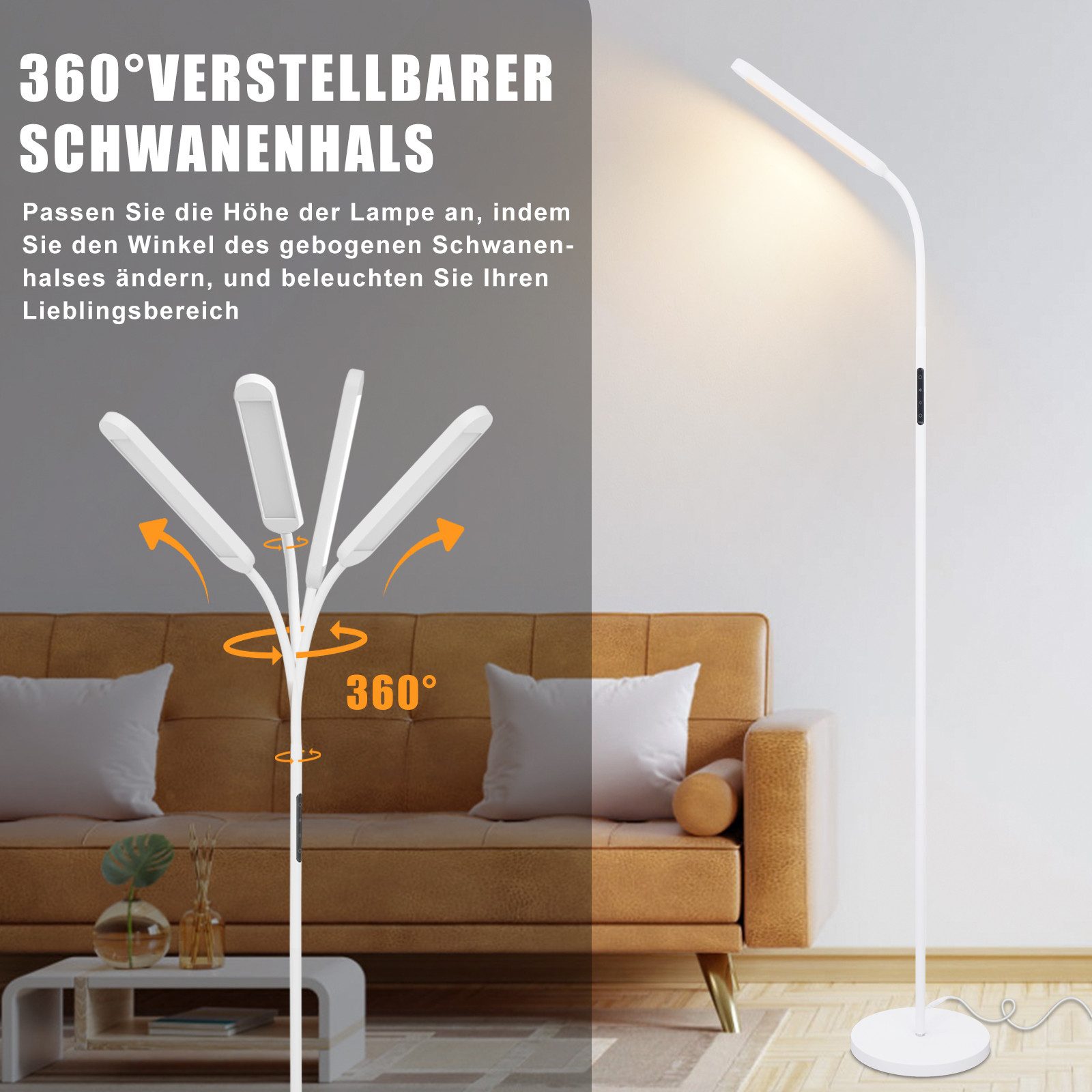 NETTLIFE LED - gulvlampe til stuen, dæmpbar, hvid gulvlampe, 11 W, 360° drejelig, sofa