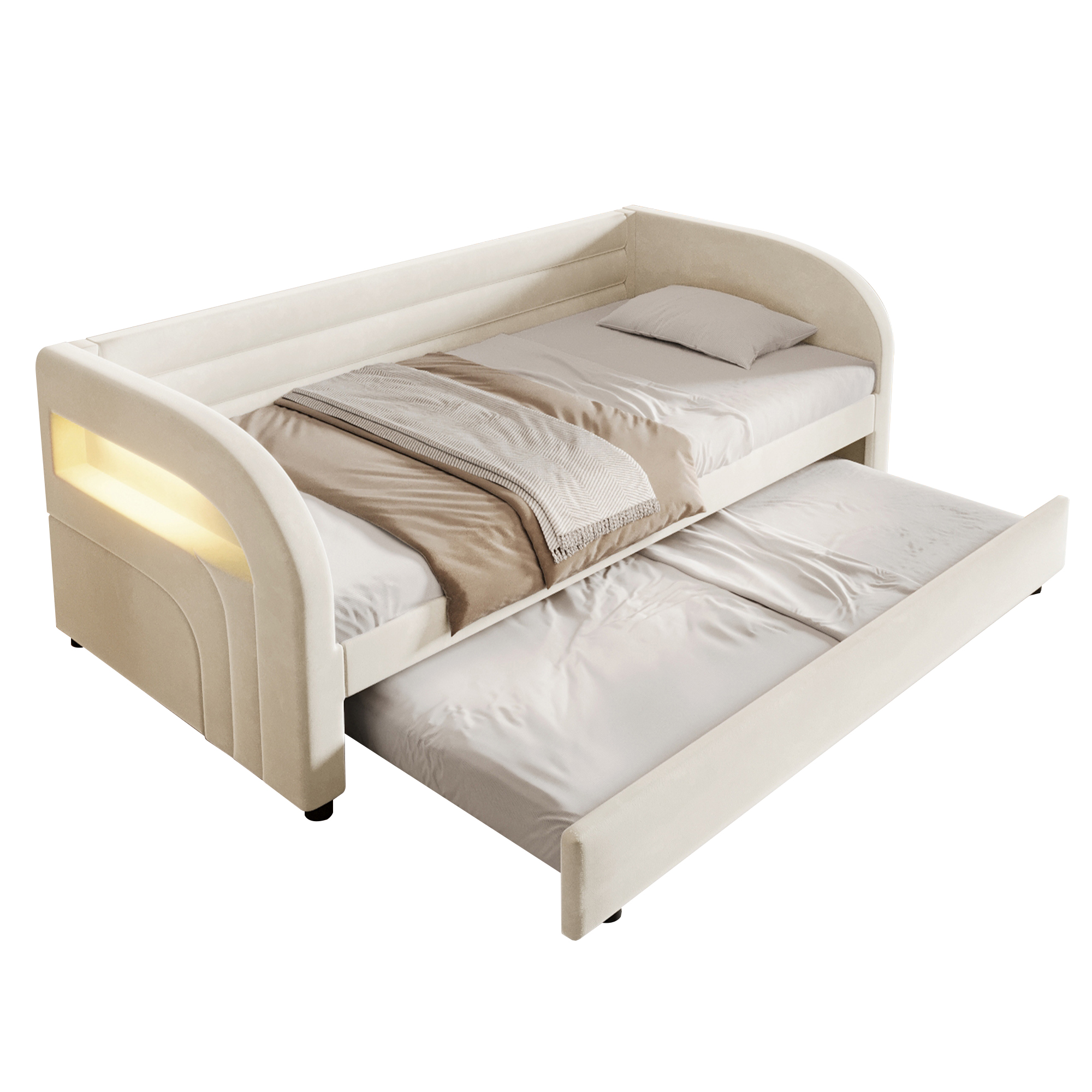 seng 90x200 cm beige fløjl med udtrækkenseng og led-belysning