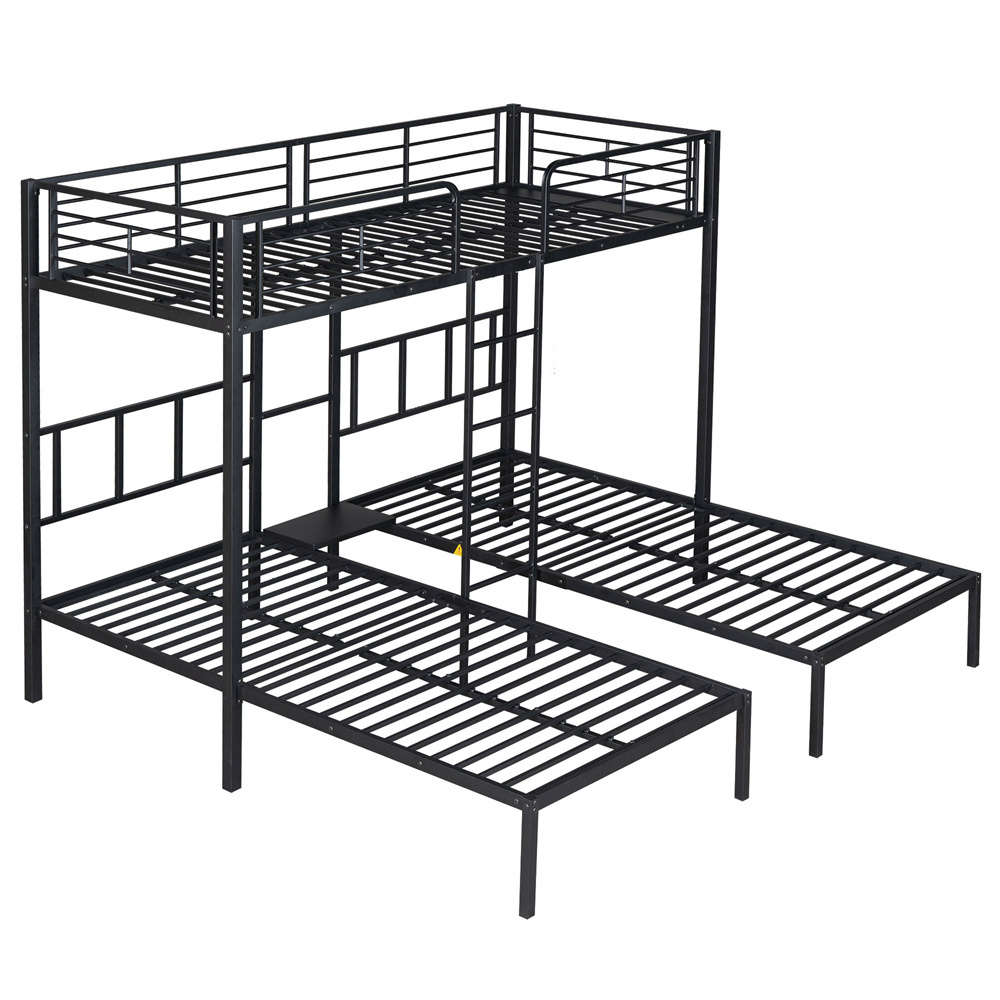 Køjeseng til tre personer 90 x 200 cm, sort jern, stige + sikkerhedsgelænder + bord