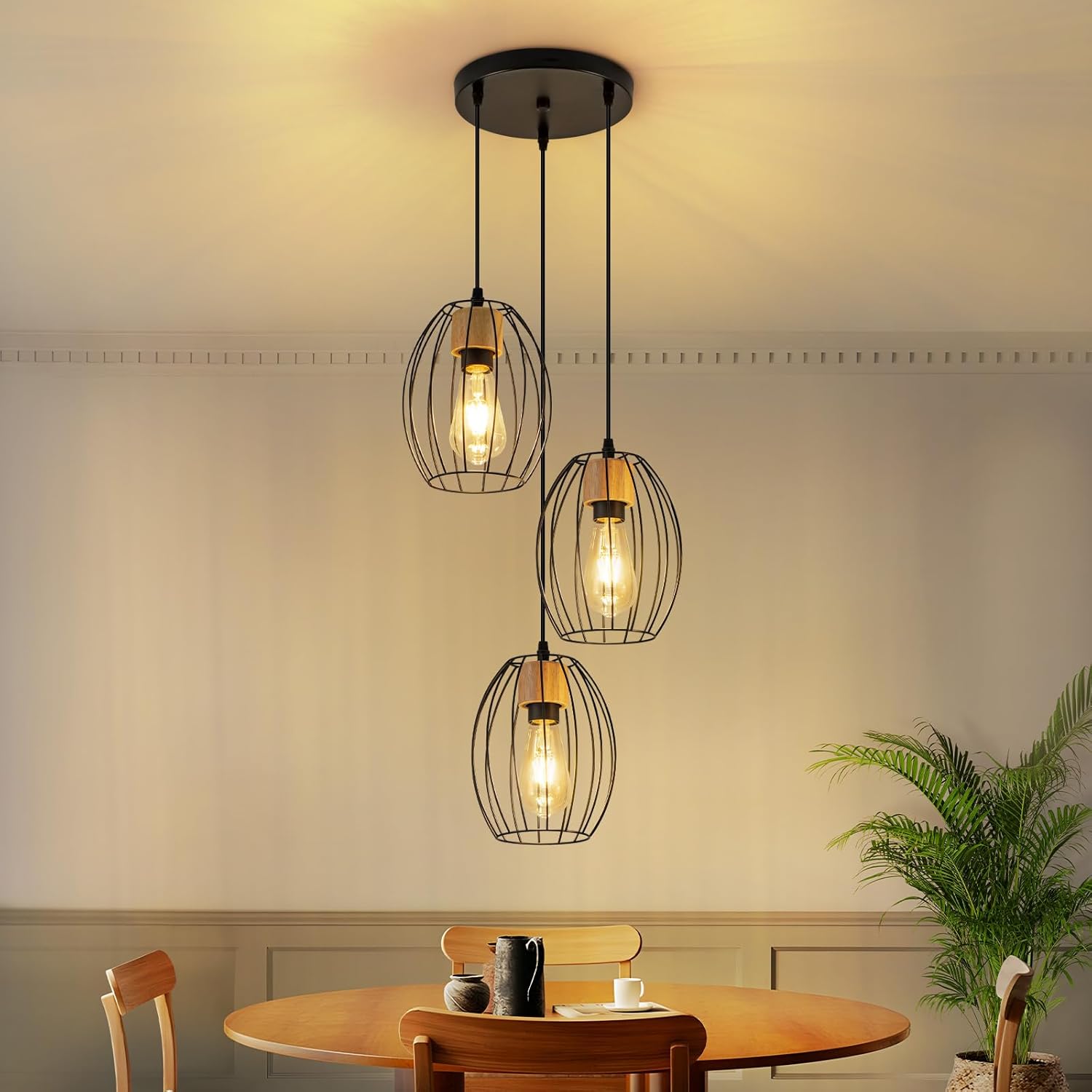 NETTLIFE Vintage sort pendellampe med 3 lyskilder, industriel chic, metal og træ, E27