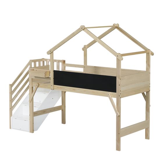 Køjeseng 90 x 200 cm, hvid + naturfarve, fyrretræ + MDF + krydsfiner, tavle + 3 rum