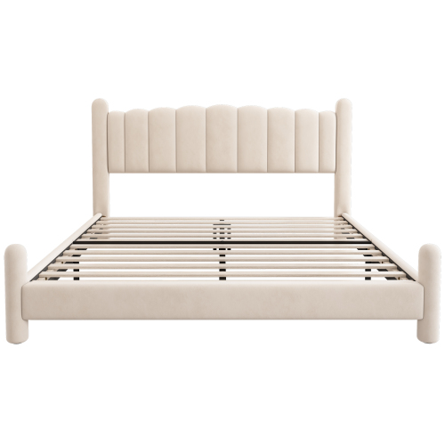 Polstret Seng 180 x 200 cm, Beige Fløjl, Vifteformet Sengegavl + Cylinderben