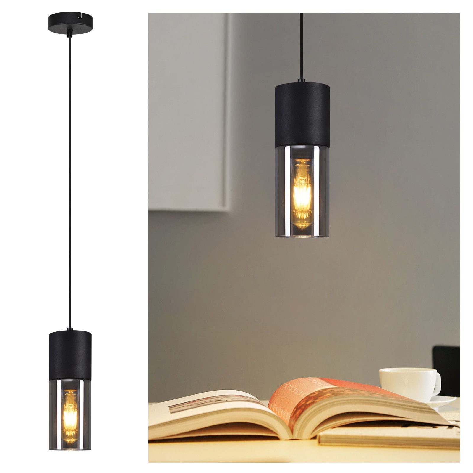 NETTLIFE Pendellampe, sort, pendellampe, E27 Køkken, sort, glas, metal, 1 lampe, industriel, moderne