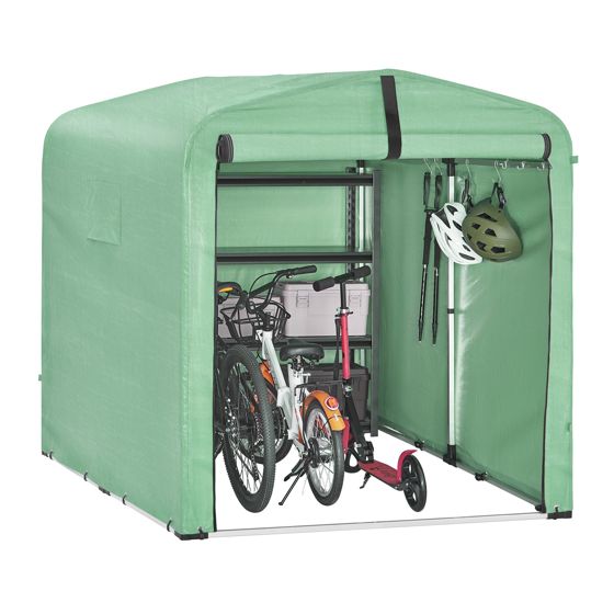 SoBuy haveskur, vandtæt udendørstelt, motorcykelopbevaring med kroge, garage til cykler og værktøj, cykelopbevaring, opbevaringsplads, grøn, 159x219x165 cm, KLS11-L-GR