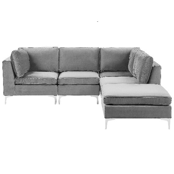 Hjørnesofa modul 4 personers EVJA med fodskammel Velour Grå Venstrevendt