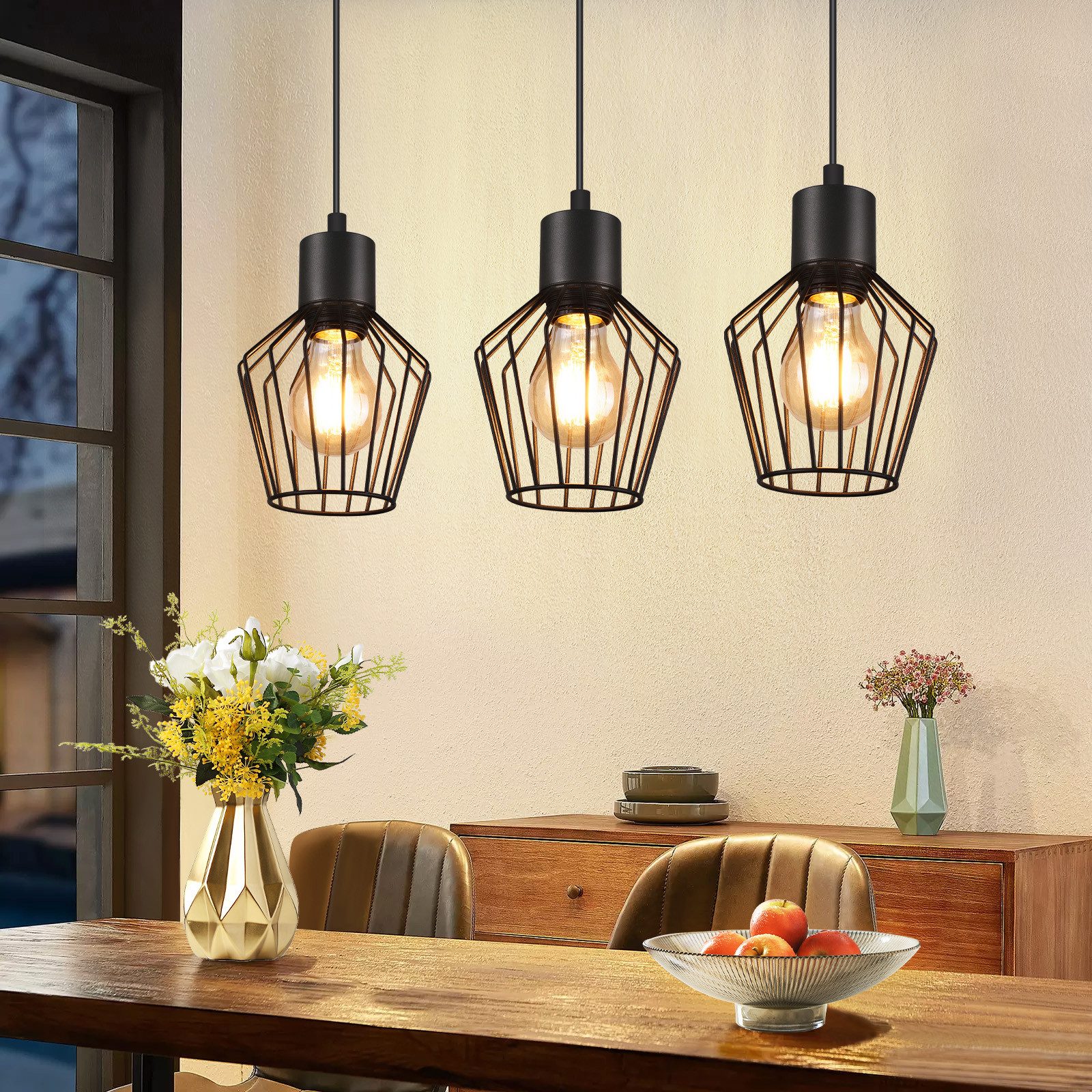 NETTLIFE 3-flammende pendellampe, industriel stil, metal, sort, LED, E27