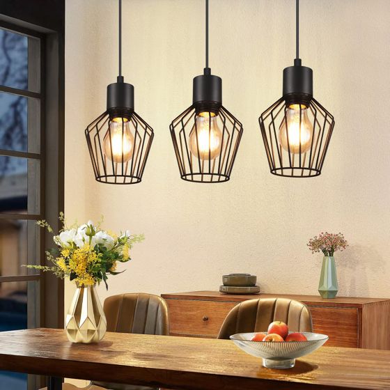 NETTLIFE 3-flammende pendellampe, industriel stil, metal, sort, LED, E27