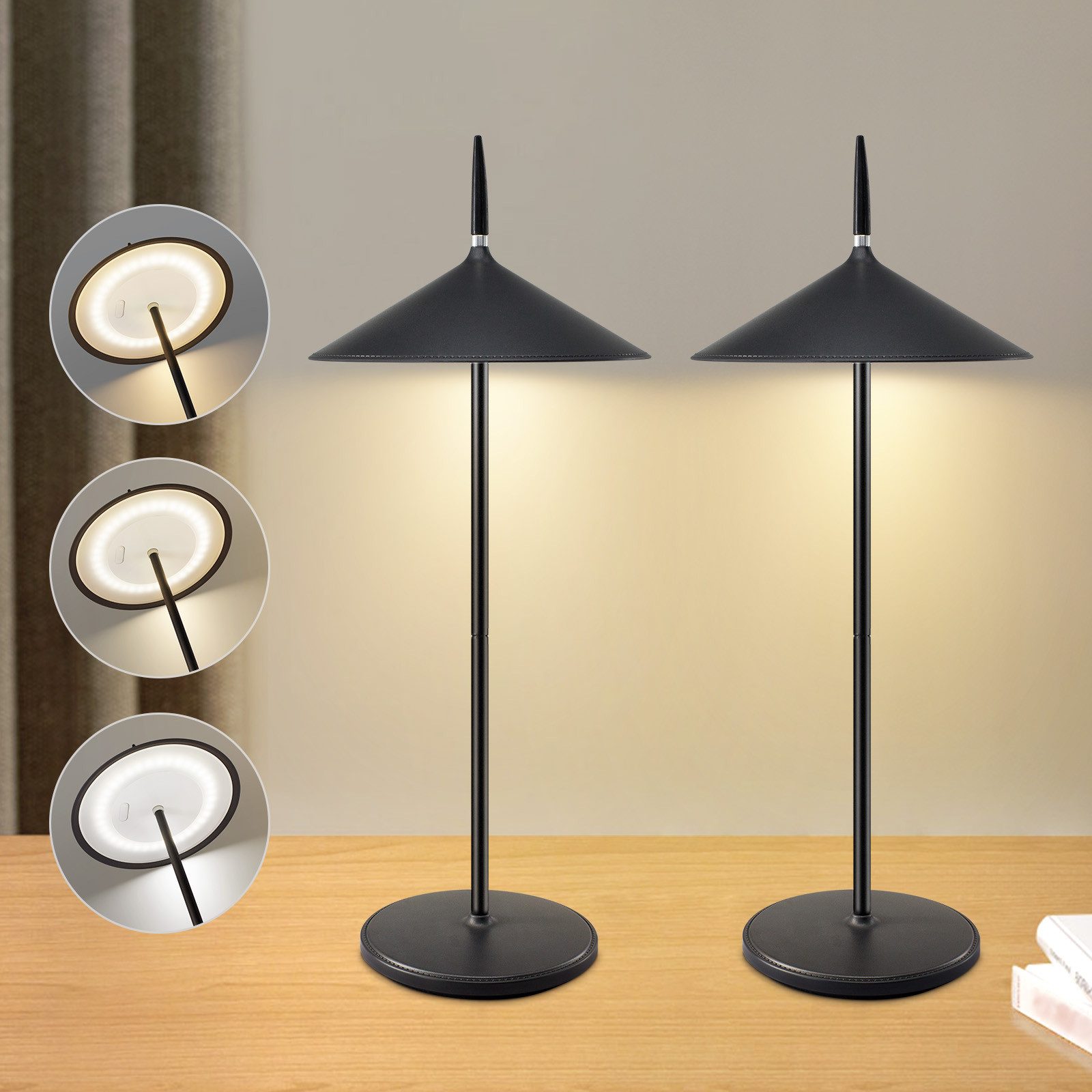 NETTLIFE Trådløs Natbordslampe, 2 stk., Touch, Sort LED, Dæmpbar, 1800 mAh, Genopladelig via USB, Permanent integreret LED, IP44