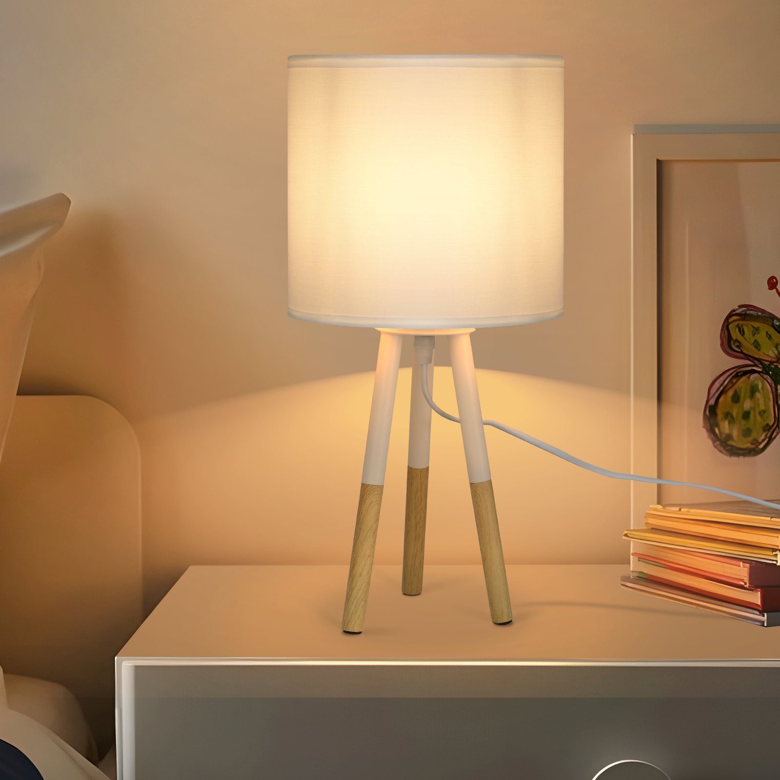 NETTLIFE Natbordslampesæt, 1 stk., moderne bordlampe - Bordlampe til stue med stofskærm, E27-fatning, maks. 40 W, hvid