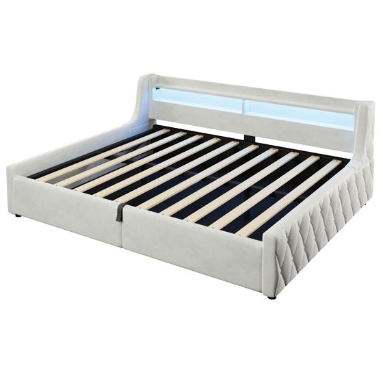 seng 140x200 cm beige i samt med hydraulisk opbevaring og led-belysning
