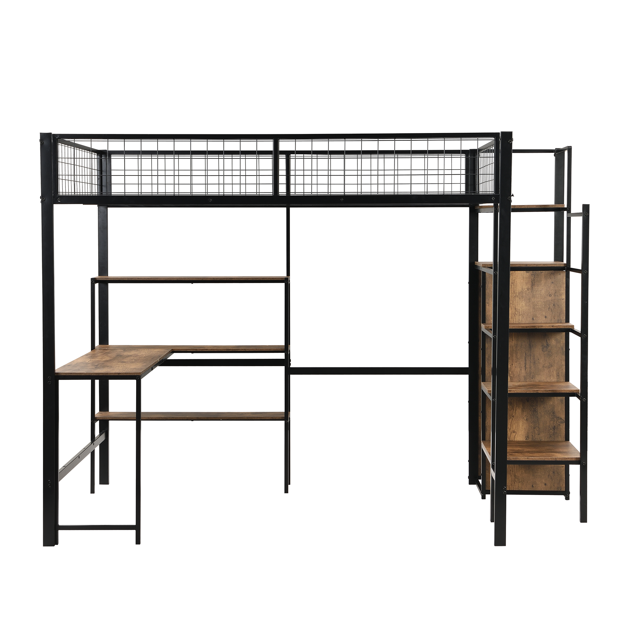 Højseng 140 x 200 cm, Sort Jern, Stige + Opbevaringsplads + Hylder + Garderobe + Skrivebord