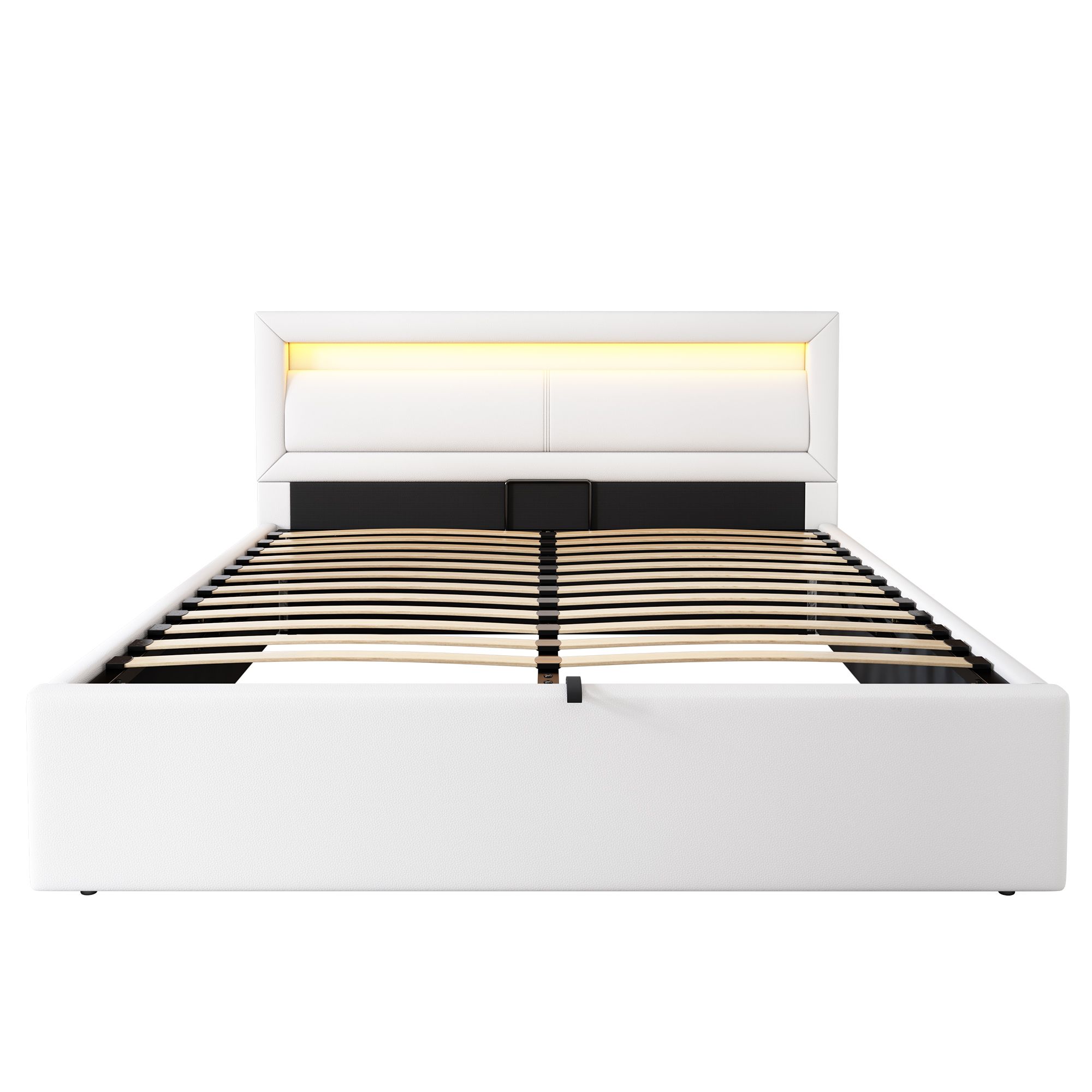 Betrukket seng 140 x 200 cm, hvid kunstlæder, LED-belysning, opbevaringsplads
