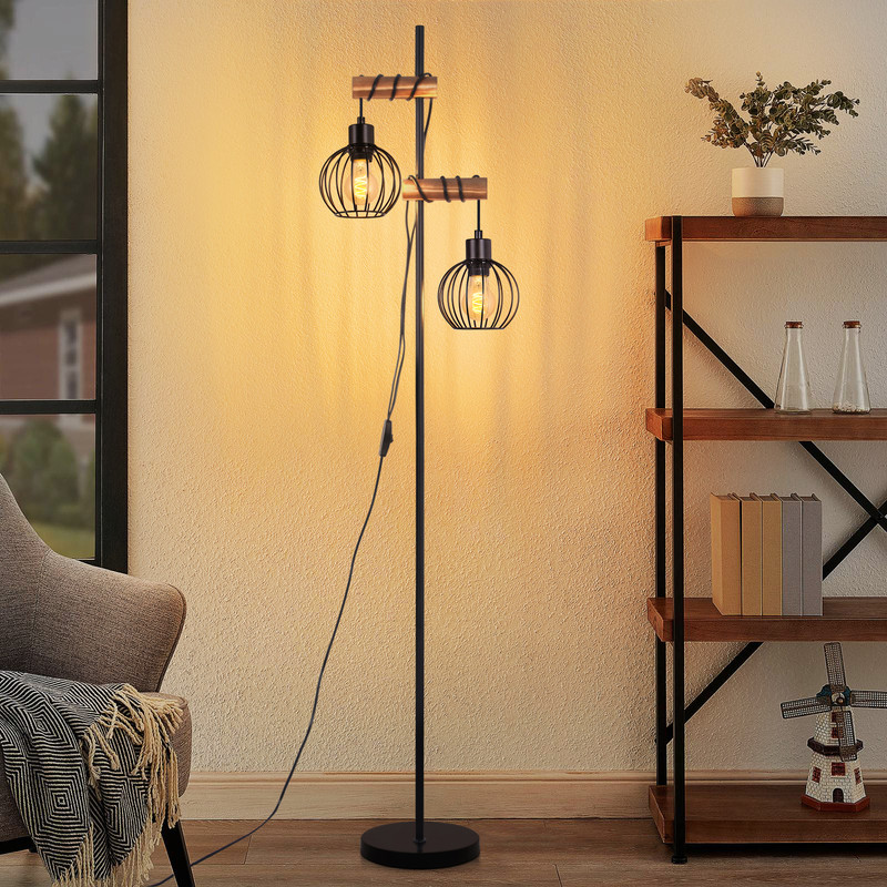 NETTLIFE Sort gulvlampe til stue, gulvlampe i træ - vintage gulvlampe, 2 metallamper med afbryder, E27-fatning, 152 cm (uden lampe)