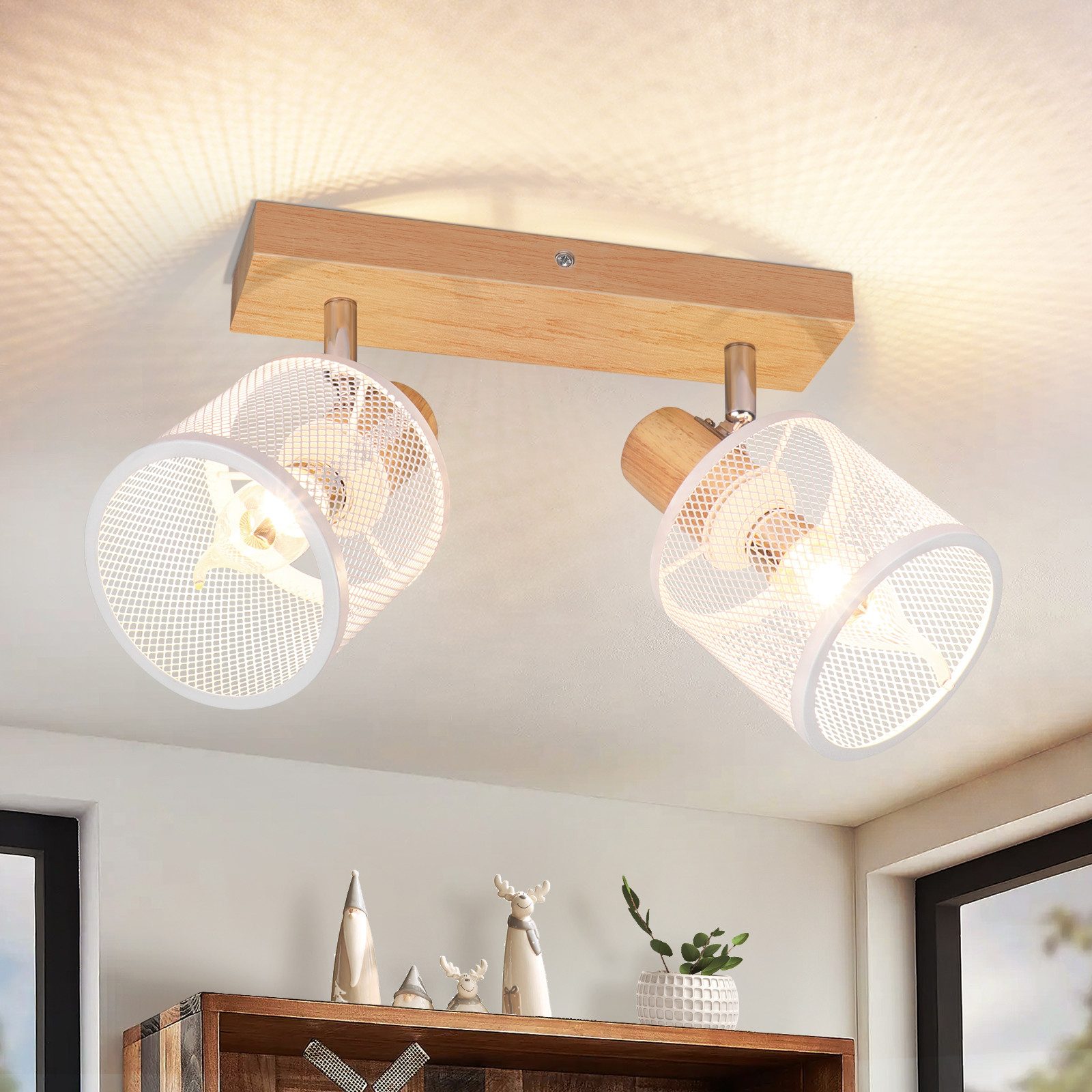 NETTLIFE - loftslampe, 2 hvide spotlights, træmønster - E14 loftslampe, justerbar 350°, 4 pærer, maks. 25 W
