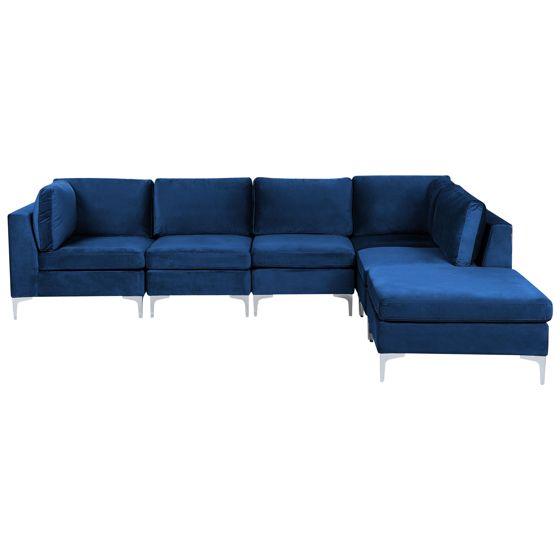 Hjørnesofa modul 5 personers EVJA med fodskammel Velour Navy Blå Venstrevendt