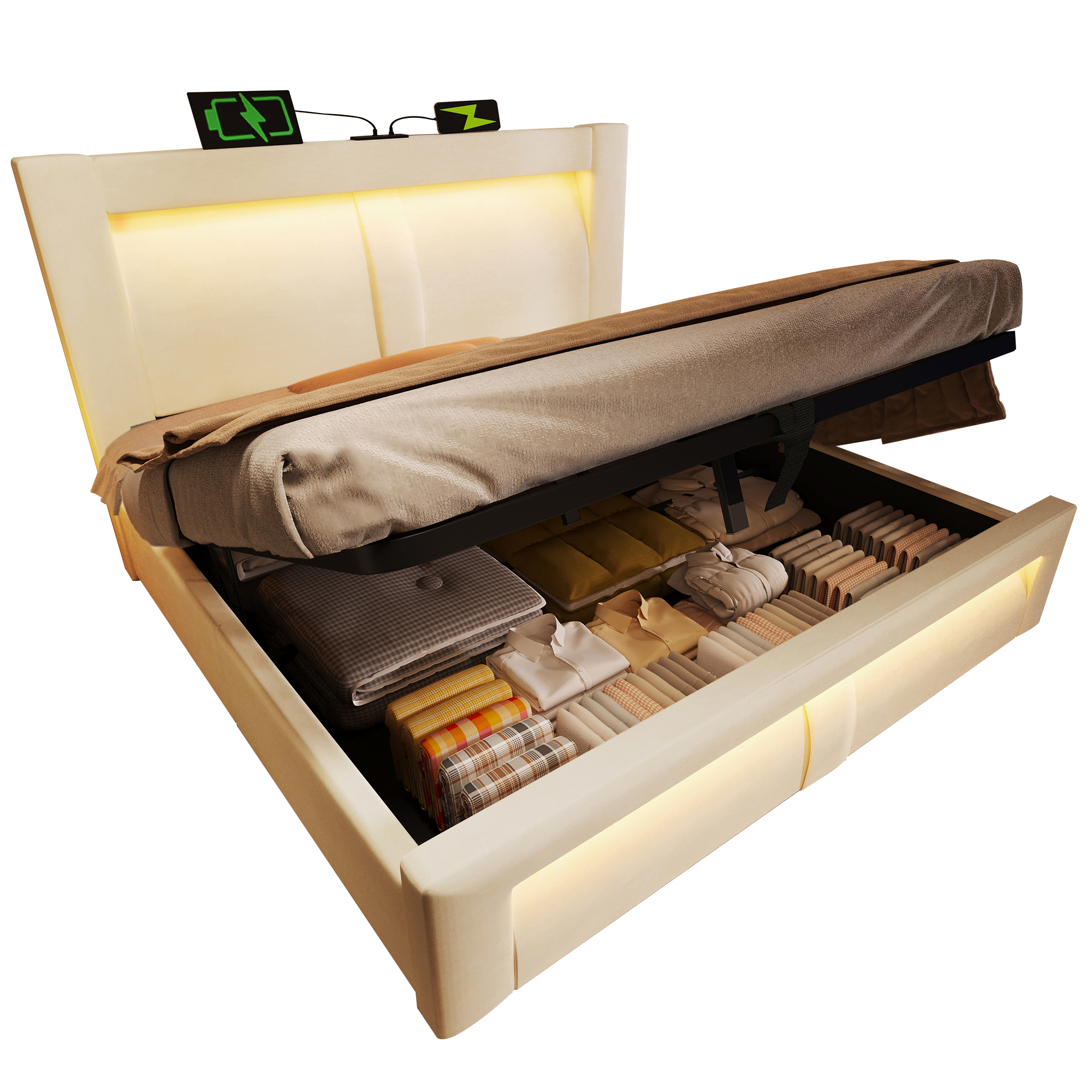 seng 180x200 cm beige i samt med opbevaring hydraulisk justerbar led-belysning og usb-type-c-ladning