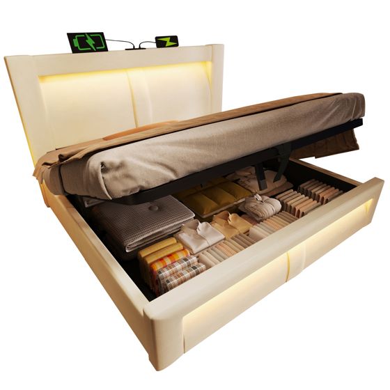 seng 180x200 cm beige i samt med opbevaring hydraulisk justerbar led-belysning og usb-type-c-ladning
