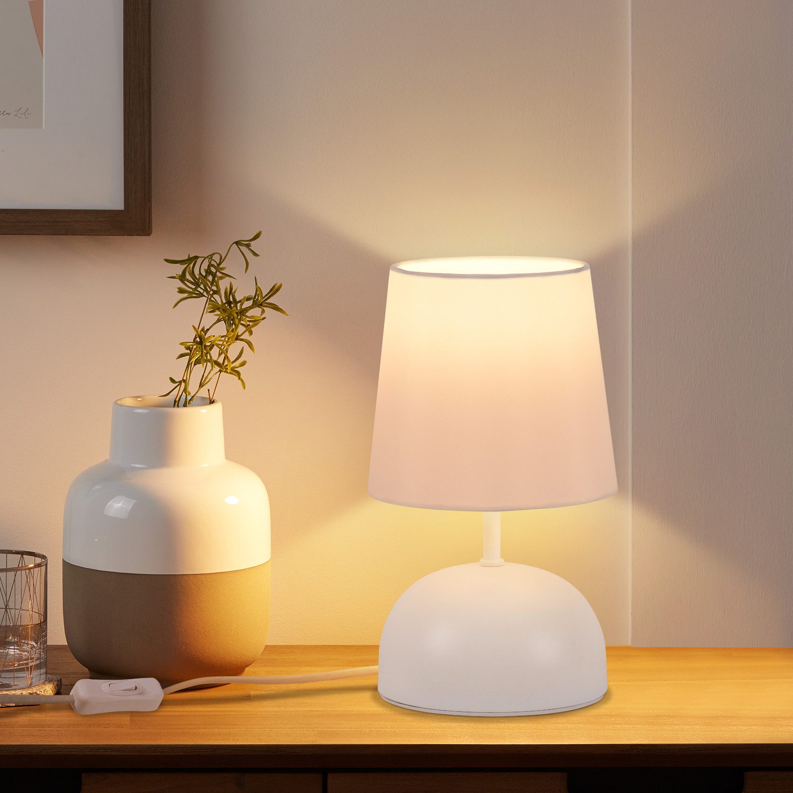 NETTLIFE Natbordslampe med ledning Hvid stofbordlampe Moderne soveværelse Natbordslampe med ledning Uden pære