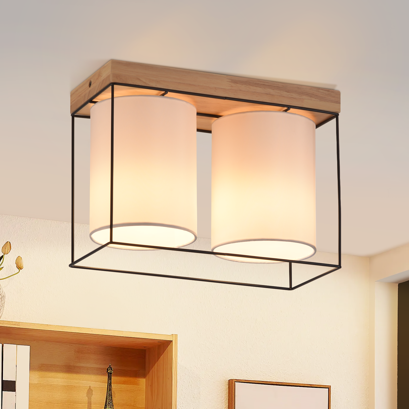 NETTLIFE Loftlampe til soveværelse, loftlampe i vintagestil, 2 E14 pærer, træ, retro - industriel - stil