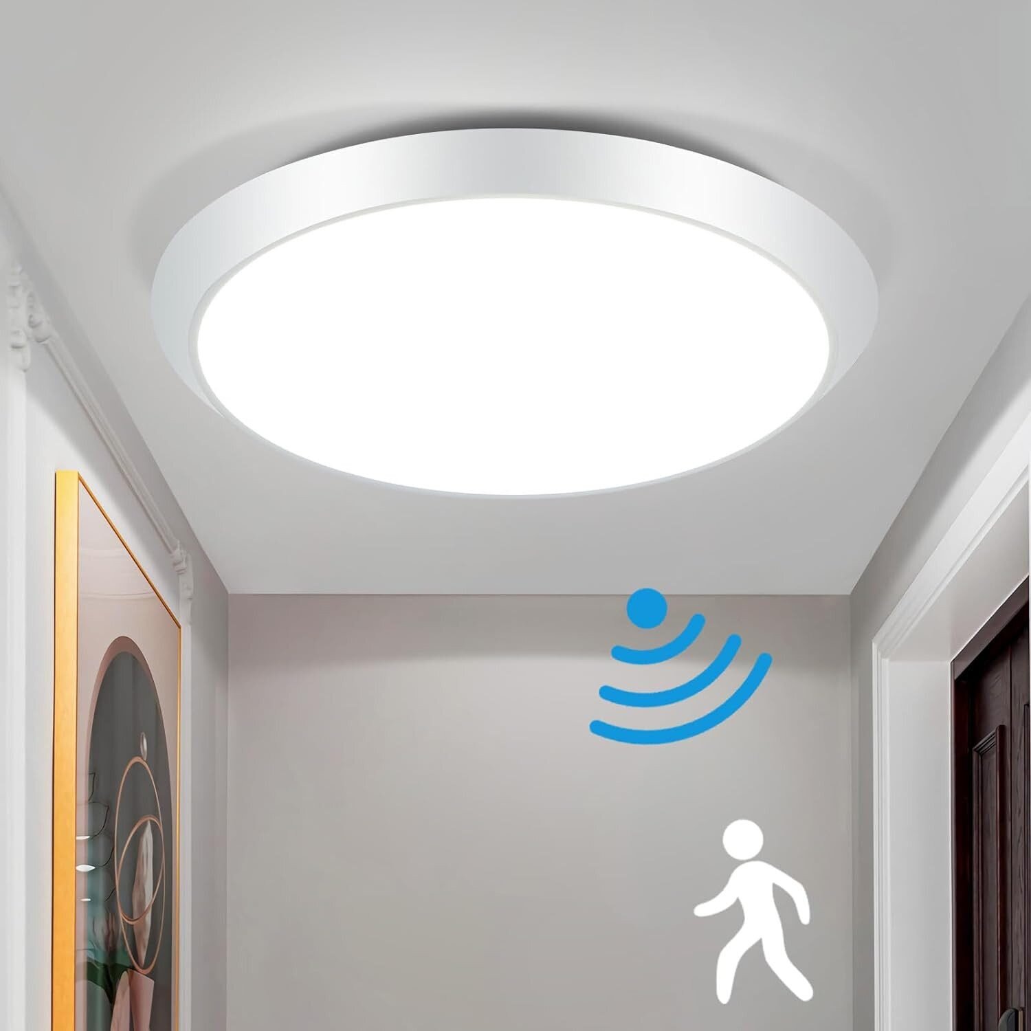 NETTLIFE LED loftlampe, rund hvid, med bevægelsessensor 15W, til indendørs brug 4000K, neutral hvid, IP44 trappelampe, 30 cm til entre