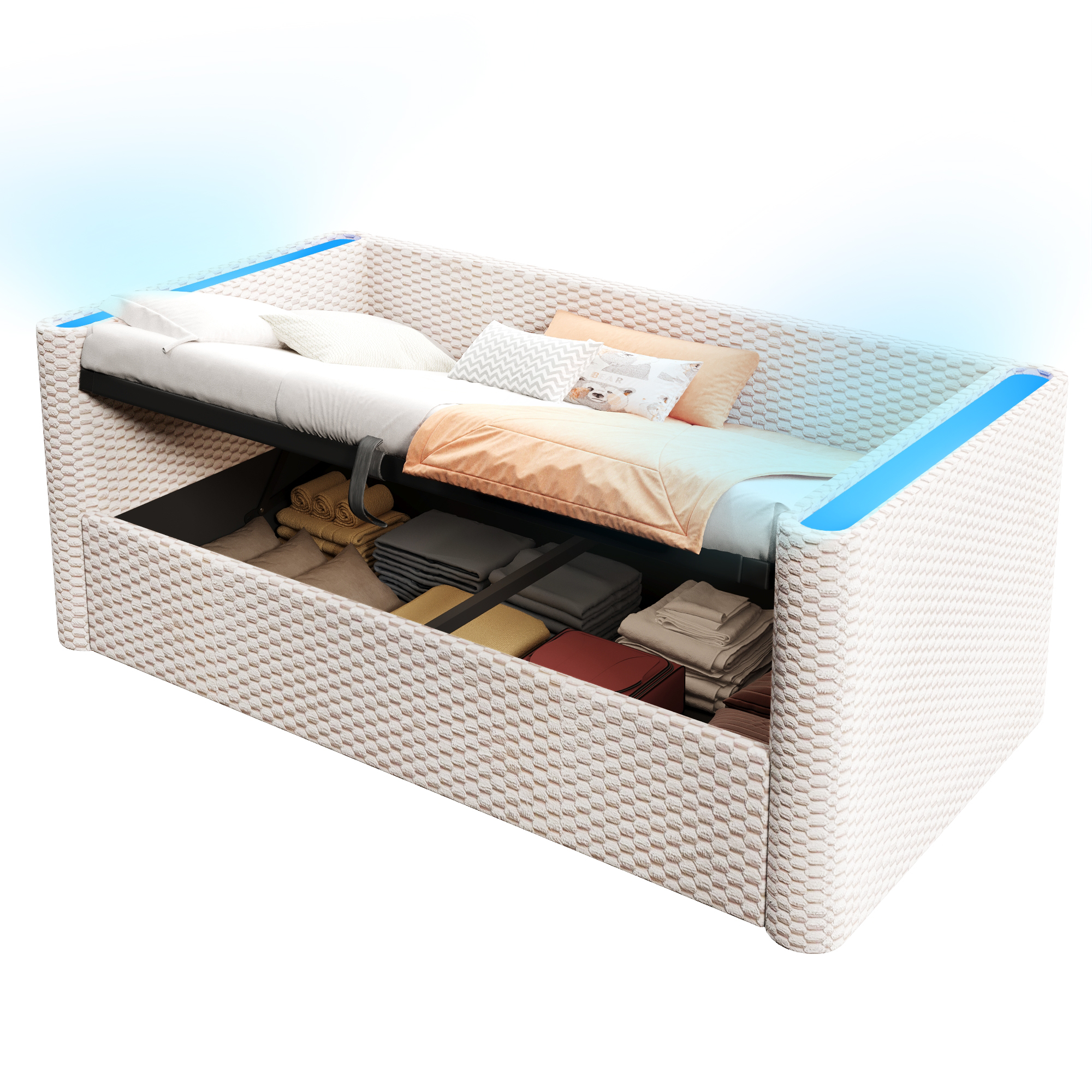 seng 90x200 cm beige i samt med LED-belysning og hydraulisk opbevaring