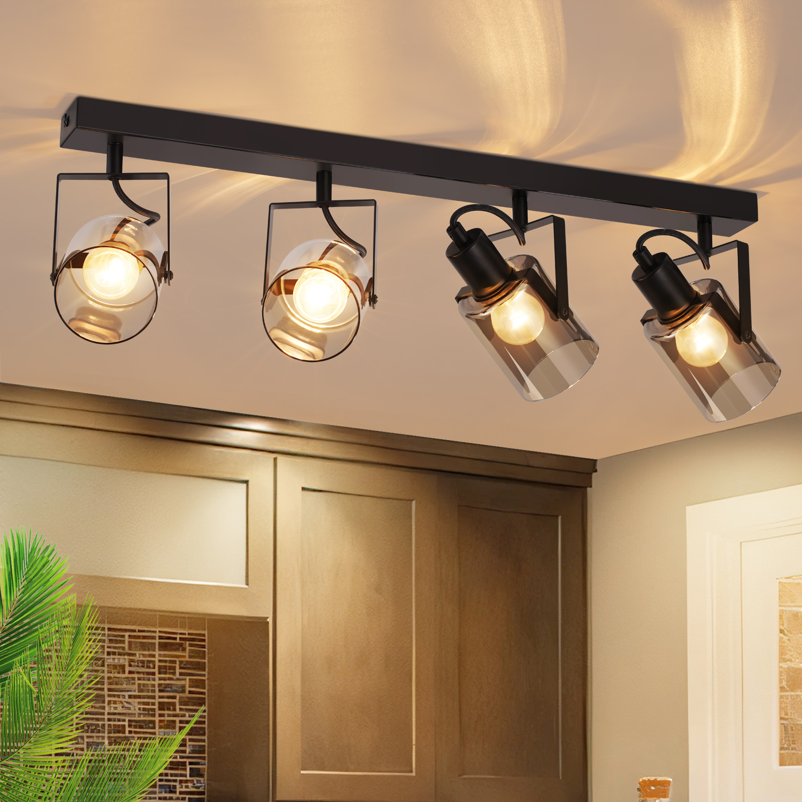 NETTLIFE sort loftspotlight med 4 lamper, 350° justerbar loftslampe i industriel stil, vintage E14