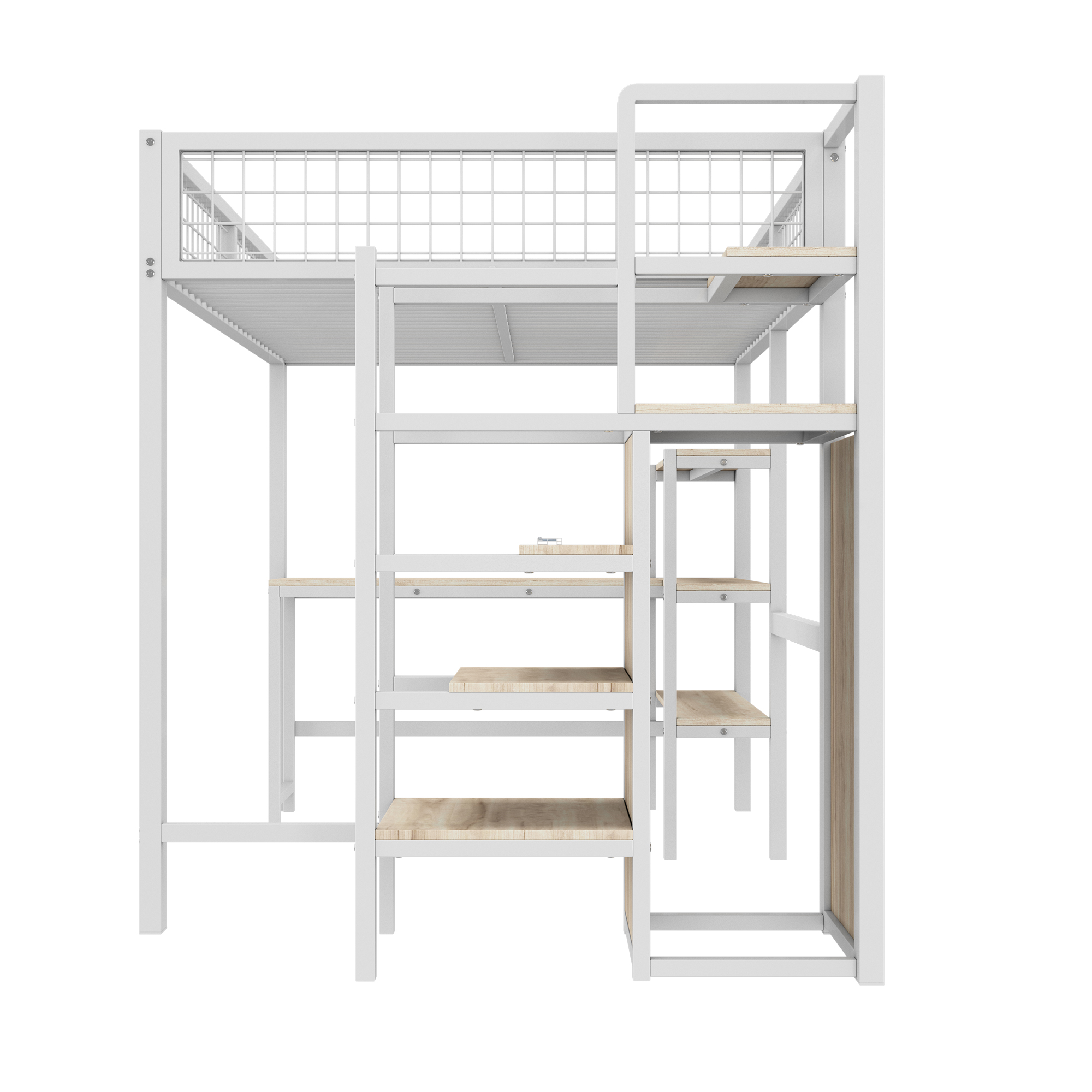 Højseng 140 x 200 cm, Sort Jern, Stige + Opbevaringsplads + Hylder + Garderobe + Skrivebord