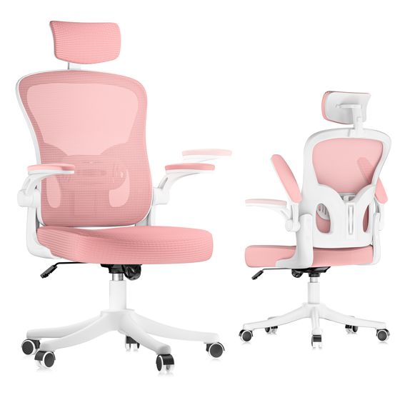 Kontorstol A ergonomisk S-formet ryg justerbar nakkepude lændestøtte Lyserød