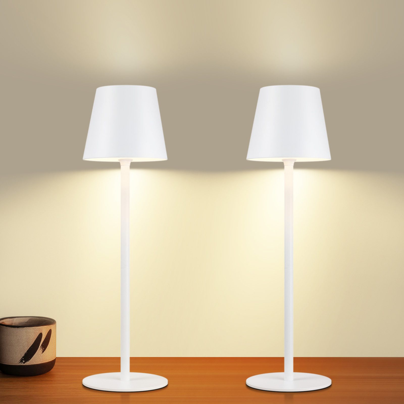 NETTLIFE Trådløs batteridrevet, sengelampe, 2 stk. - 2600mh A, LED - genopladelig, udendørs bordlampe Touchskærm, batterilampe Hvid, USB
