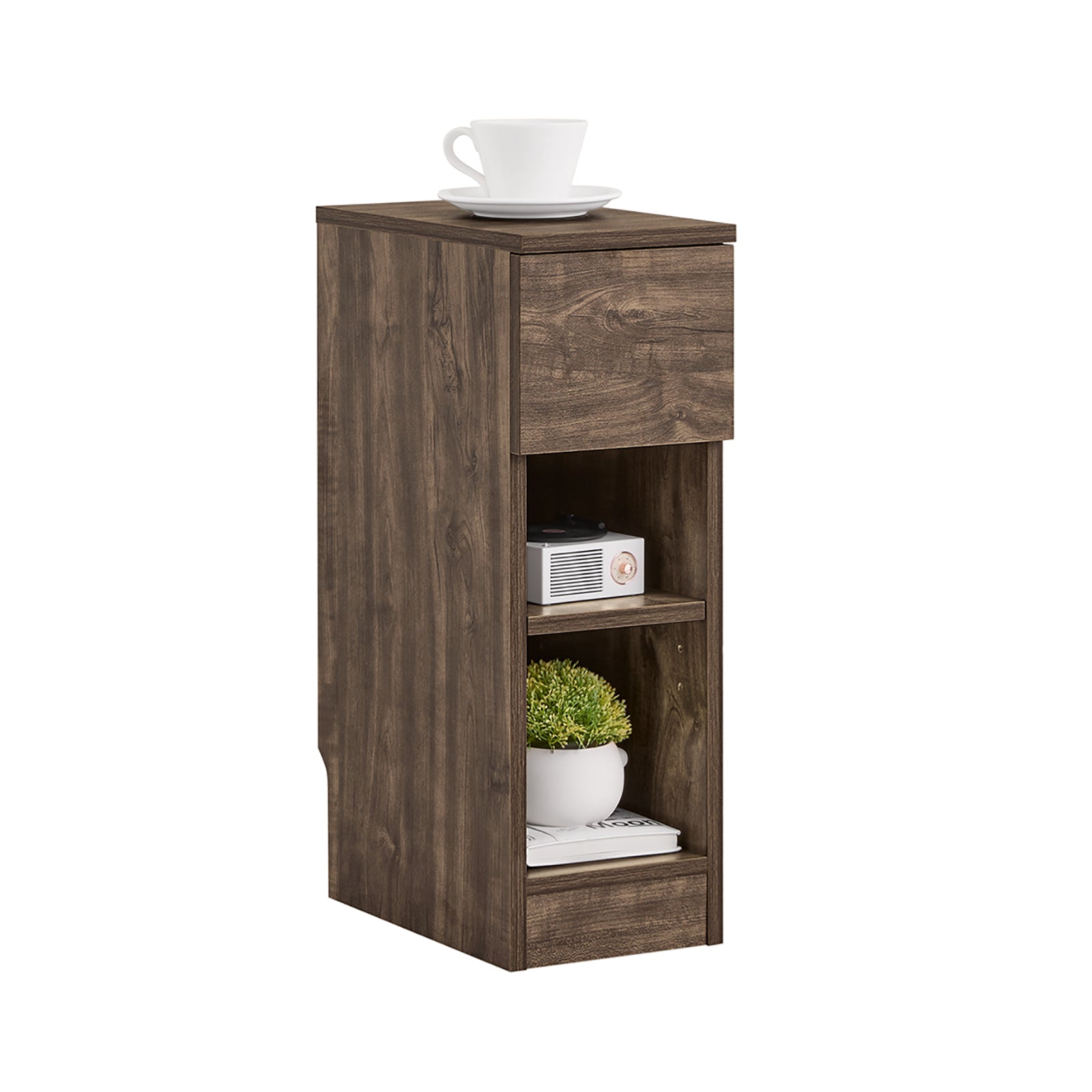 SoBuy Sengebord Slank sengebord til soveværelse med skuffe og 2 hylder sengeborde til soveværelse og stue Sofabord Brun B20 x D35 x H60 cm FBT111-SN
